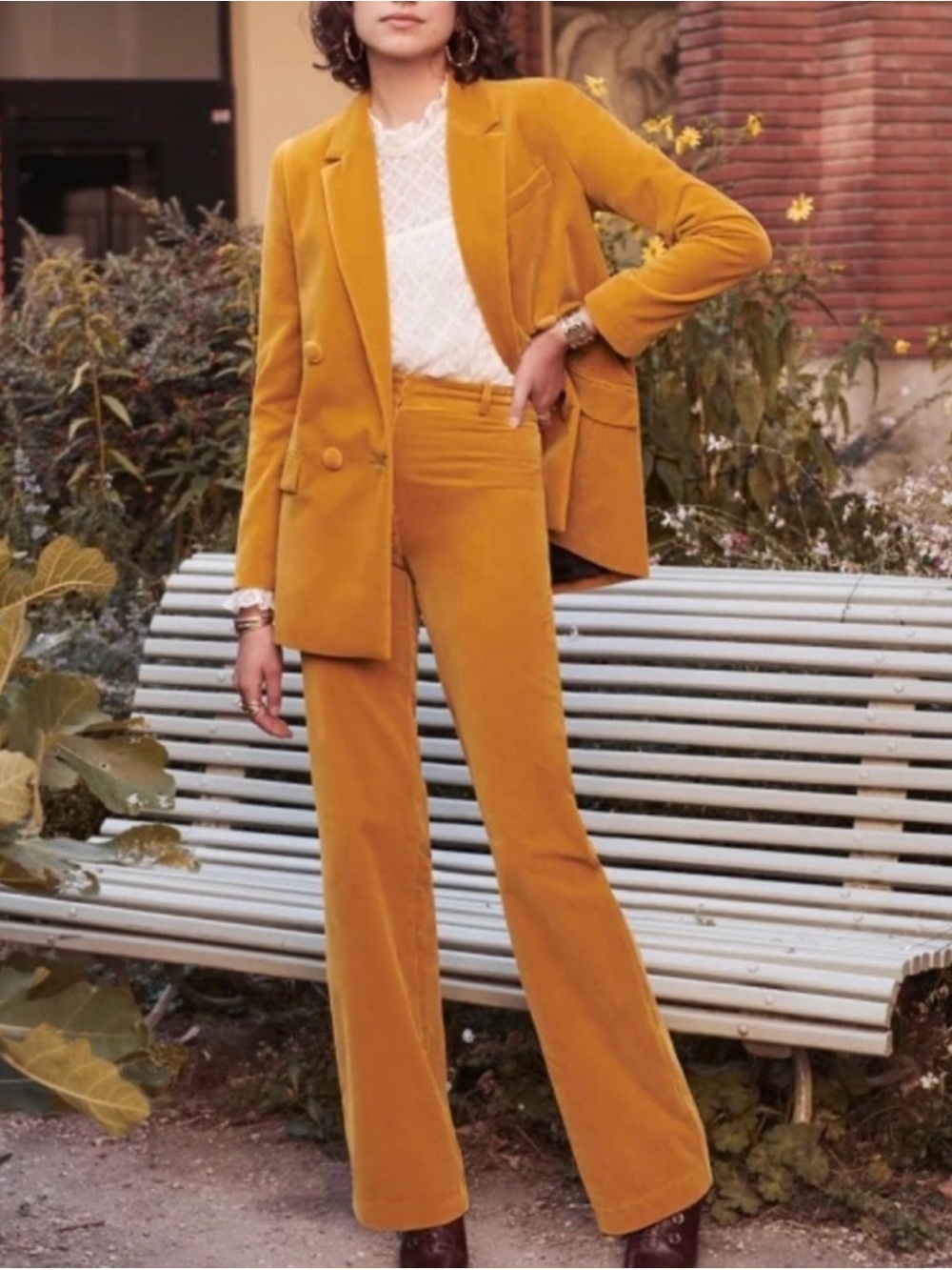 Sezane Ferdinand Trouser Velvet Wide Leg Pants Mustard Yellow Bottoms Gold